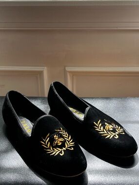 Zalo Black Velvet Loafers with Gold Embroidered Crest